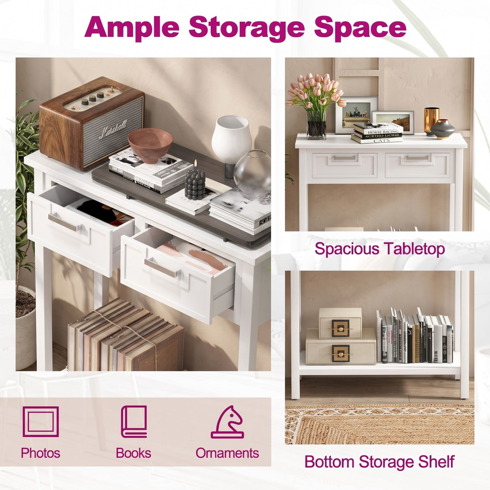 Furnibear Narrow Console Table with 2 Drawers and Open Storage Shelf and Solid Wood Legs for Small Entryway and Foyer, White