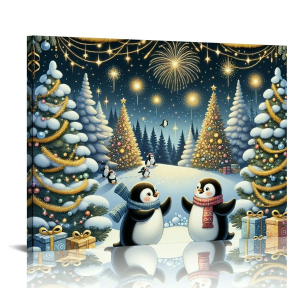 Yiluyinqing Penguins Winter Festive Canvas Wall Art Print Christmas Decor Ready To Hang Home Art 16x12in