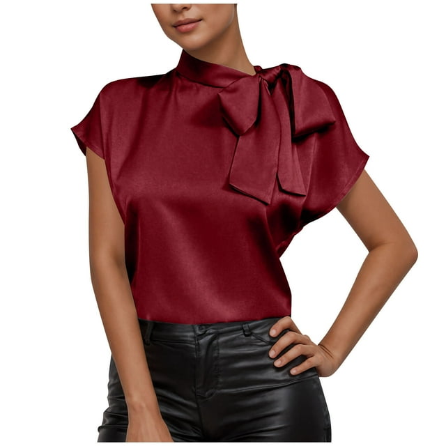 Pisexur Hauts pour Femmes Blouses pour Femmes Mode Décontractée Chic Été Couleur Unie Col Rond Manches Courtes Chemises Haut Blouse, Hauts pour Femmes Tendance Vin,P