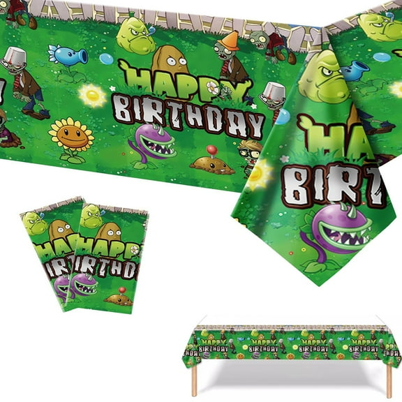 2 Pack Plants vs Zombies Table Cloth, 42 x 70 Inch Disposable Plastic Waterproof Rectangle Table Cover for Birthdays Party Decorations
