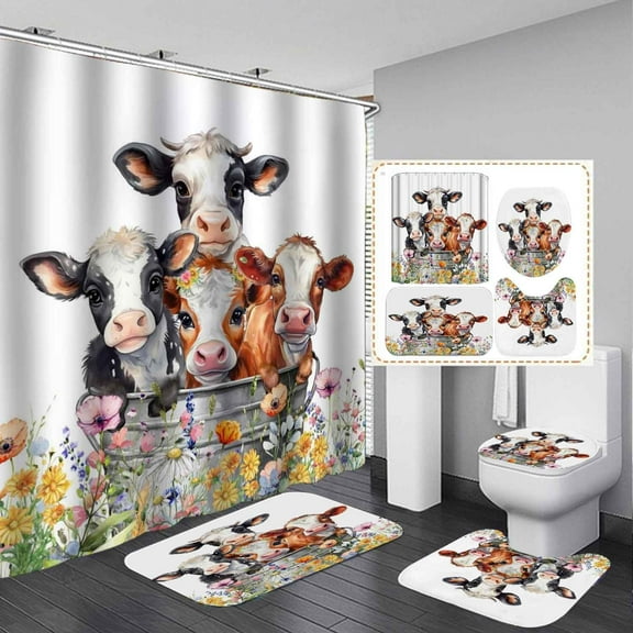 4PCS Funny Highland Cow Shower Curtain Sets with Rugs, Waterproof Fabric White Shower Curtain, Western Bull Cattle Farm Animals Colorful Floral Plant Country Rustic Farmhouse Bathroom Decor