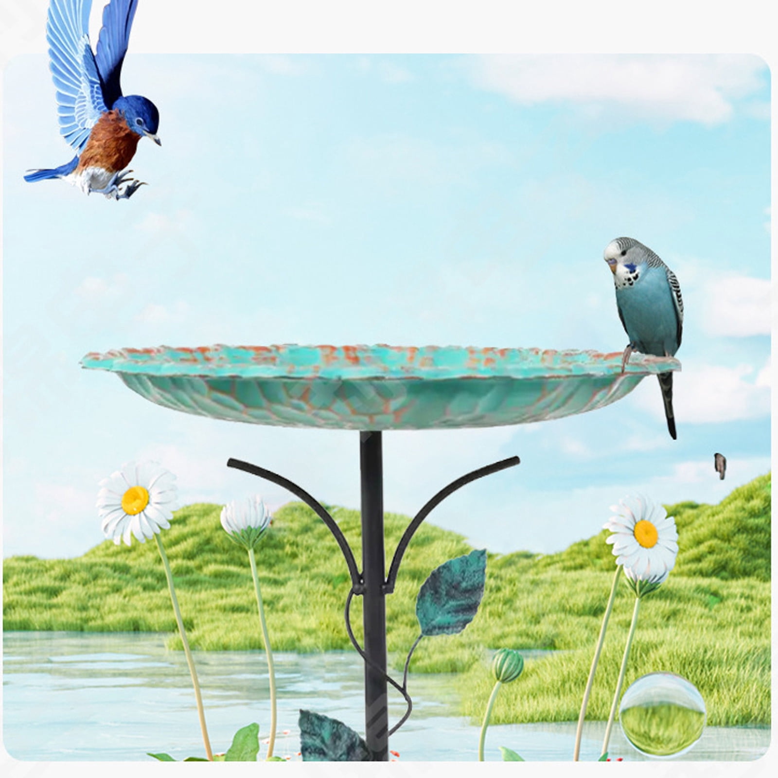 Ground Inserted Lotus Leaf Shape Metal Bird Bath Feeder, 32.2" Multicolor Water Tray, Decorative Outdoor Garden Courtyard Bird Bath