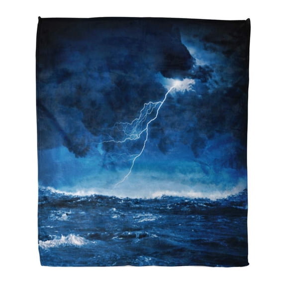SIDONKU Throw Blanket Warm Cozy Print Flannel Blue Thunder of Night Stormy Sea Big Waves and Lightning Ocean Comfortable Soft for Bed Sofa and Couch 50x60 Inches