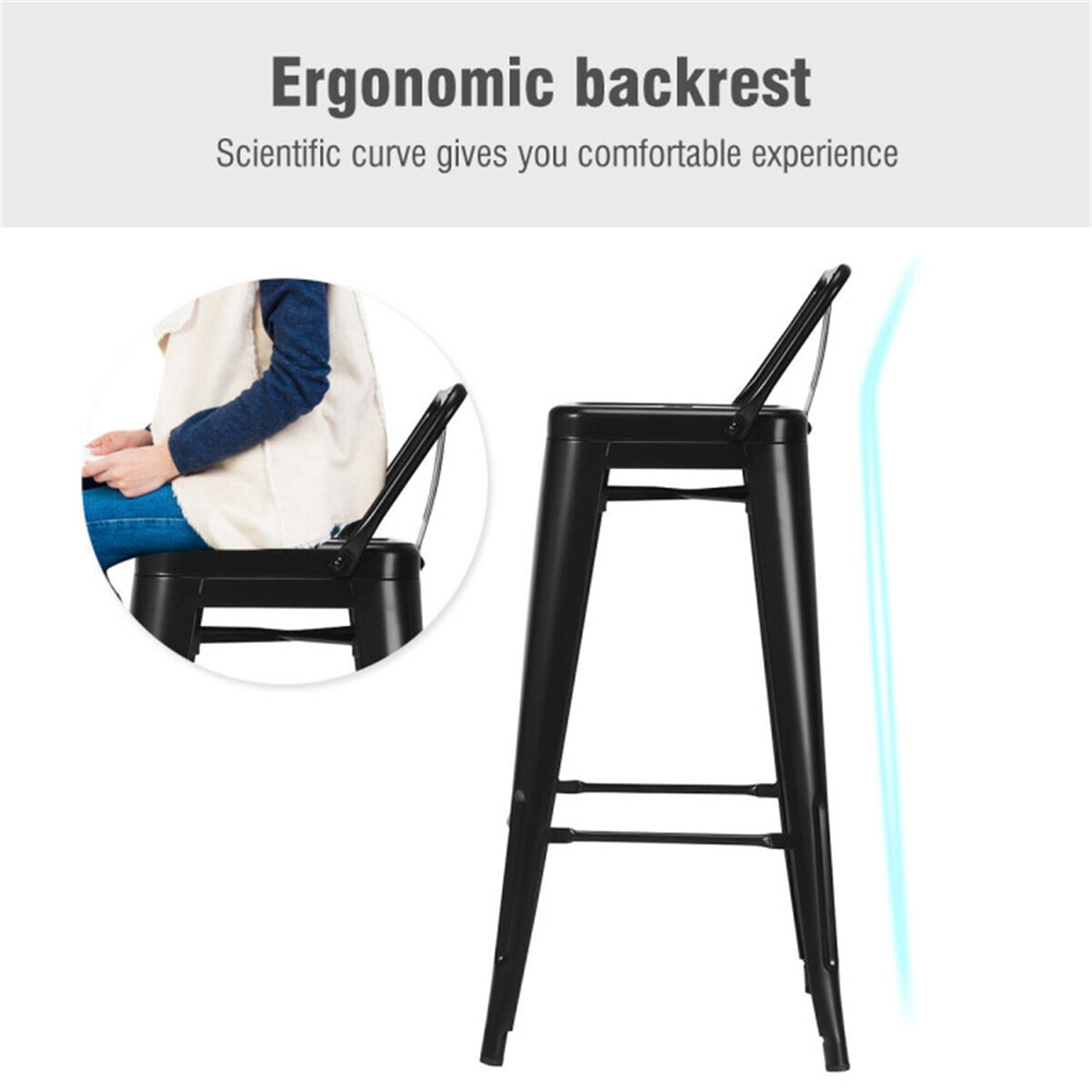 Demi Bonn 30" Set of 4 Metal Counter Height Barstools with Low Back and Rubber Feet, Modern Dining Chair, Black