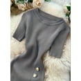 thumbnail image 3 of Women'S Elegant Striped Dress with Golden Buttons - Mid-Length, Short Sleeve, Round Neck, Stretchy Polyester Blend for Spring Summer DressRound Neckline Dress, 3 of 5
