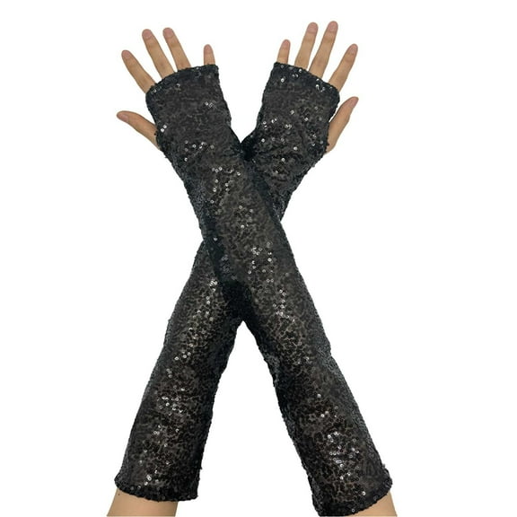 Prolriy Long Gloves Women Formal Fashion Sparkly Gloves Sequins Long Gloves Fingerless Elastic Gloves Glitter Costume for Women and Girls Opera Gloves Black