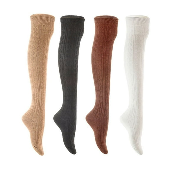 Lian LifeStyle Women's 4 Pair Adorable Comfortable Soft Thigh High Over Knee High Cotton Socks Size 6-9 L1024 Beige,Black,Coffee,White