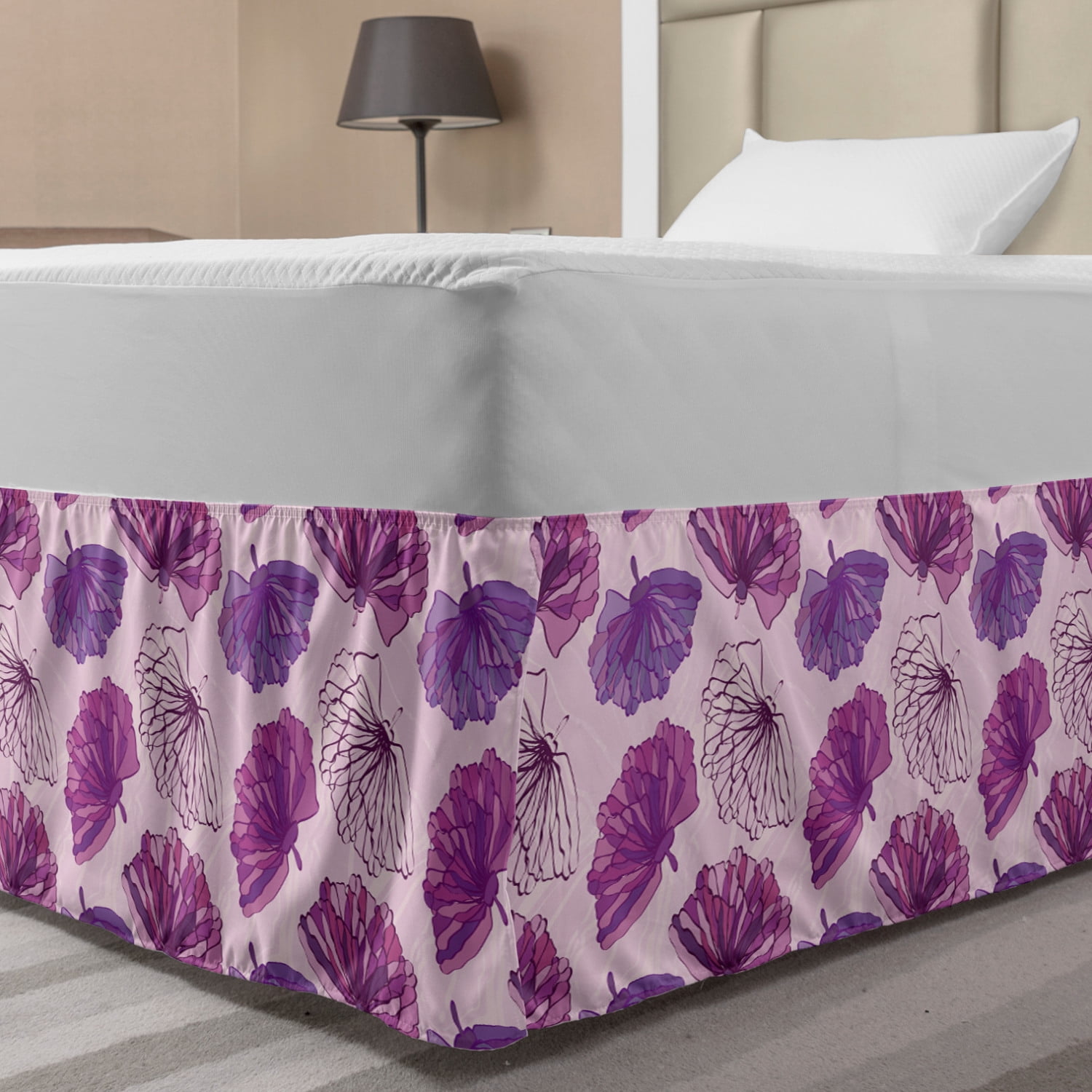 Romantic Bed Skirt, Pink and Purple Hand Drawn Blossoms Pattern on