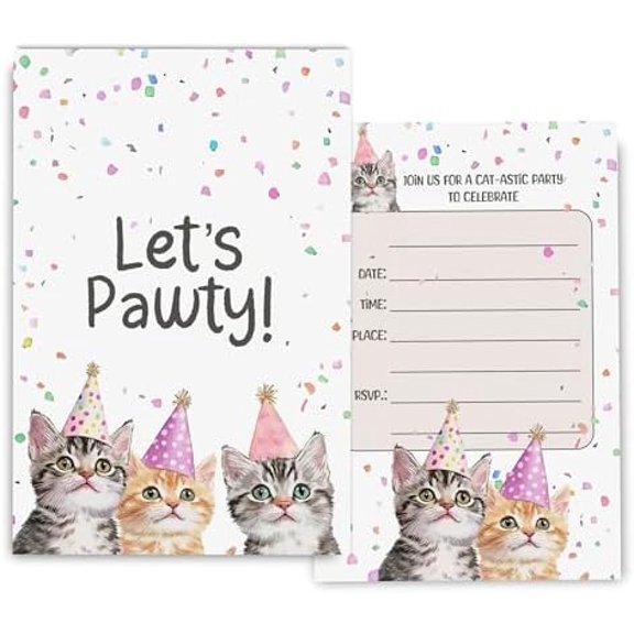 Cat Birthday Invitations for Girls, Boys, Cat Pawty Birthday Party Invitaions for Party Invites, 4x6 Inches, 30 Sets with Envelopes
