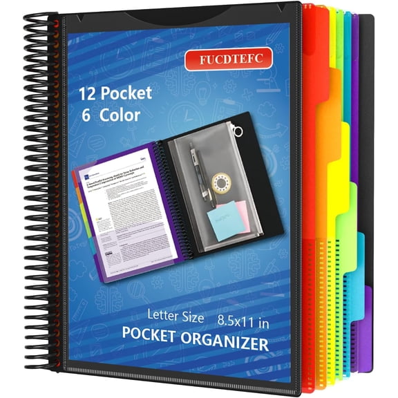 12 Pocket Project Organizer, 6 Color Letter Size Spiral Multi Pocket Folder