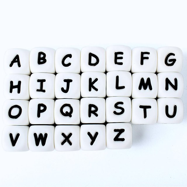 Cuentas de silicona con letras del alfabeto para bebé, mordedores de dentición sin BPA, para chupete, regalos de lactancia, 10 piezas, 12mm