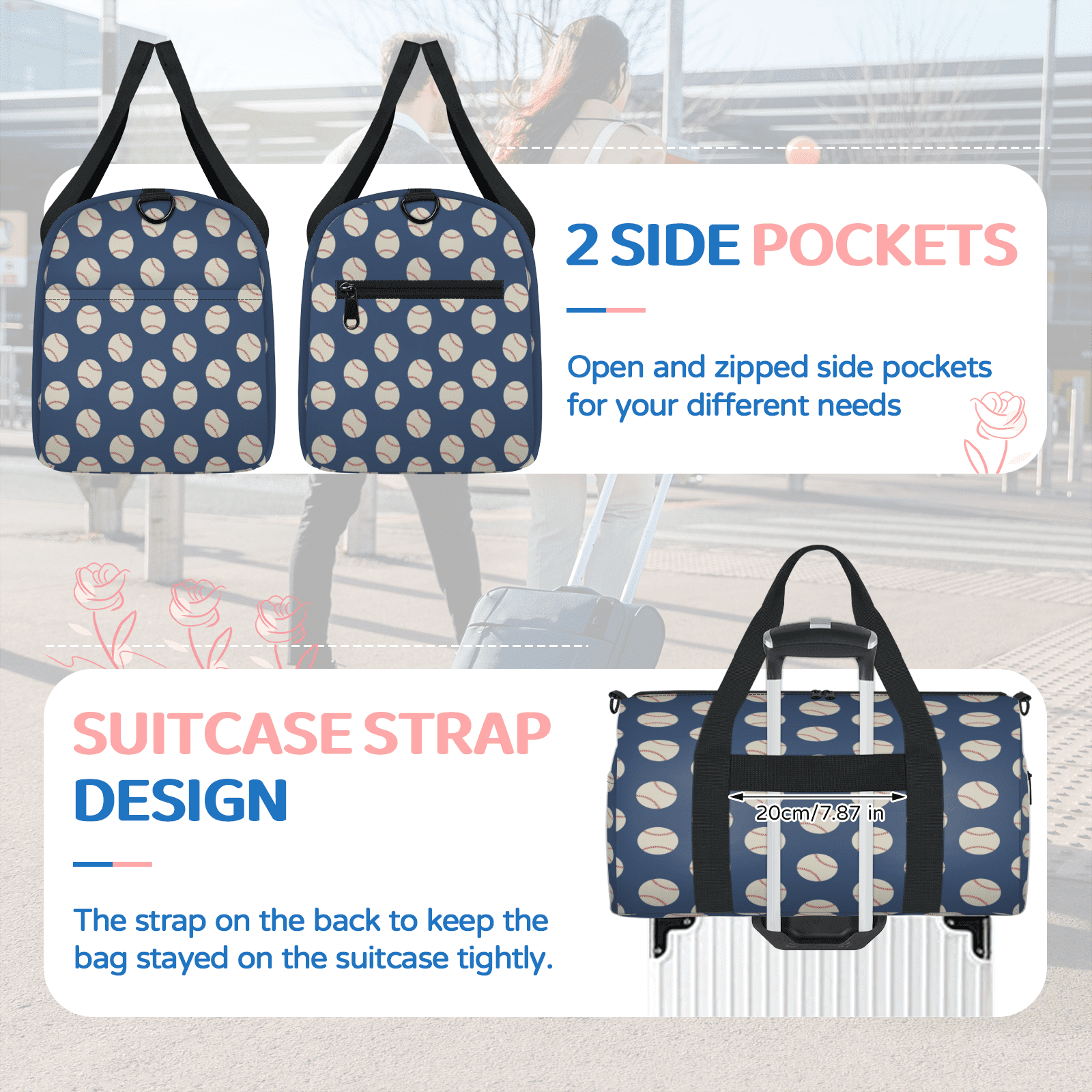 Herdesigns Baseball Navy Blue Travel Duffle Bag Sports Yoga Weekender Overnight Carry on Workout Bags Lightweight Waterproof Gym Tote Bag for Women