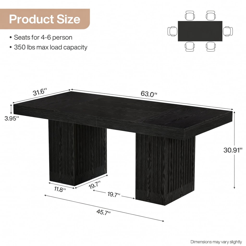 Hommoo 63 Inch Rectangular Dining Table for 4-6 People, Double Pedestal Kitchen Table with Scratch-Resistant, Modern Fluted Legs, Easy Assembly, Black