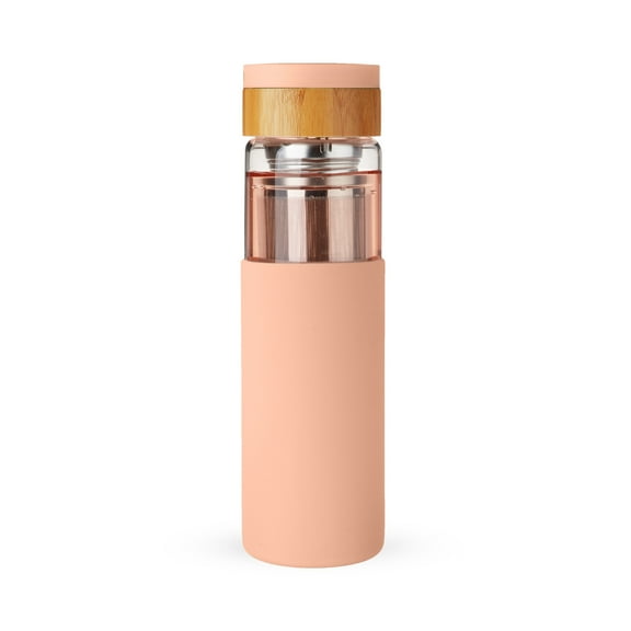 Pinky Up Dana Travel Infuser Mug with Silicone Sleeve, Double Walled Insulated Travel Tumbler with Loose Leaf Tea Strainer, Travel Coffee Mug, Perfect for Iced Coffee, 16 oz, Coral