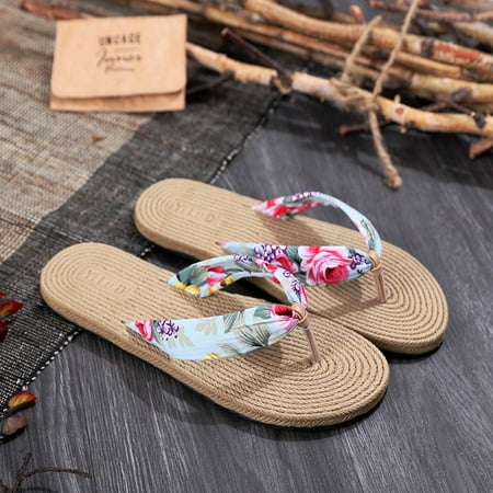 

KKCXFJX slippers for women Women Shoes Summer Floral Flip Flops Beach Sandals Thongs Slippers Sandals Imitation Hemp Rope Travel Flip-flops Flat-bottom Gift
