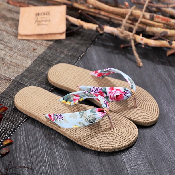 Zapatos de mujer, chanclas florales de verano, sandalias de playa, tangas, zapatillas, sandalias de cuerda de cáñamo de imitación, chanclas de viaje de fondo plano Wmkox8yii ytu6801