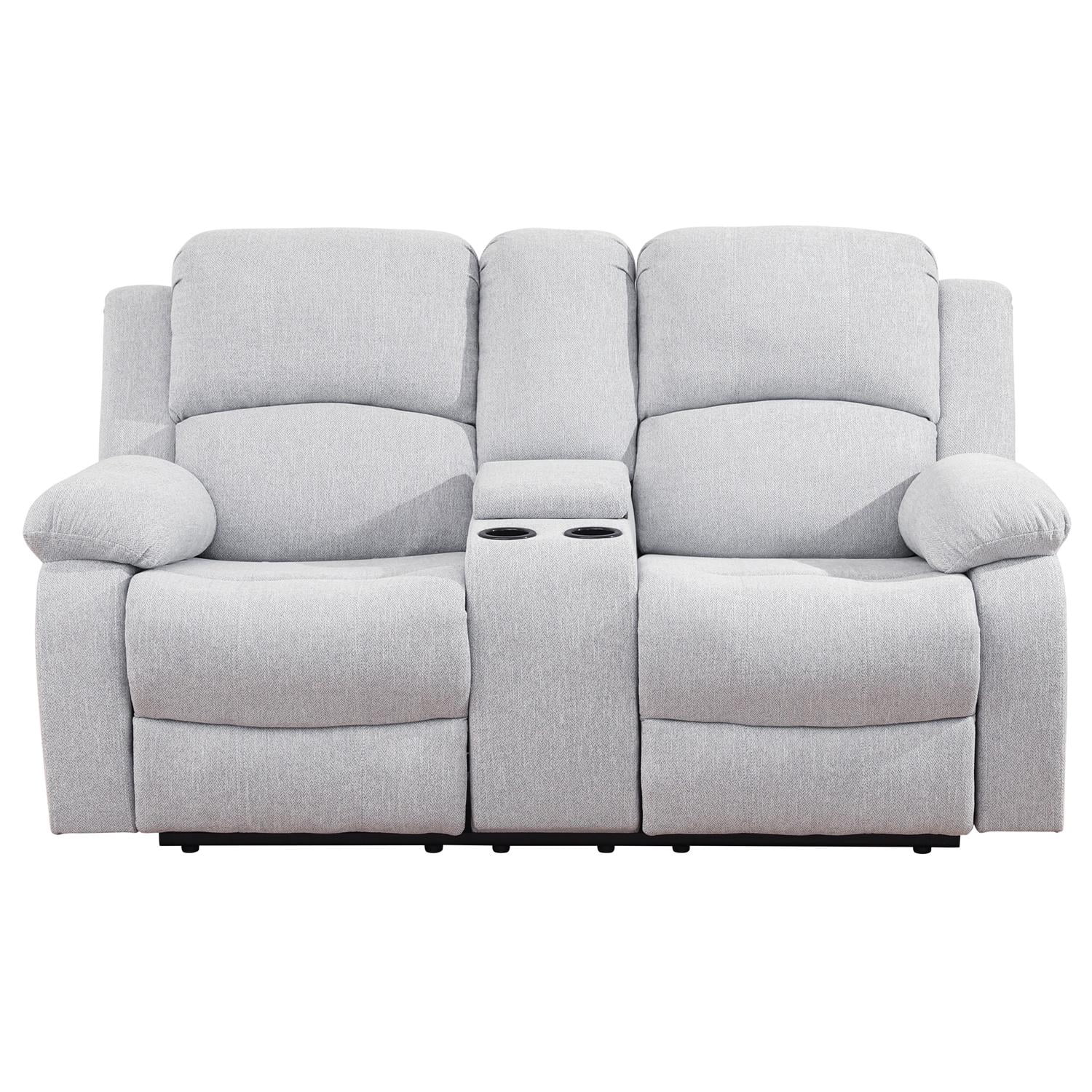 Gewnee Linen Fabric Manual Reclining Loveseat with 2 Recliners and Cup Holders,Gray