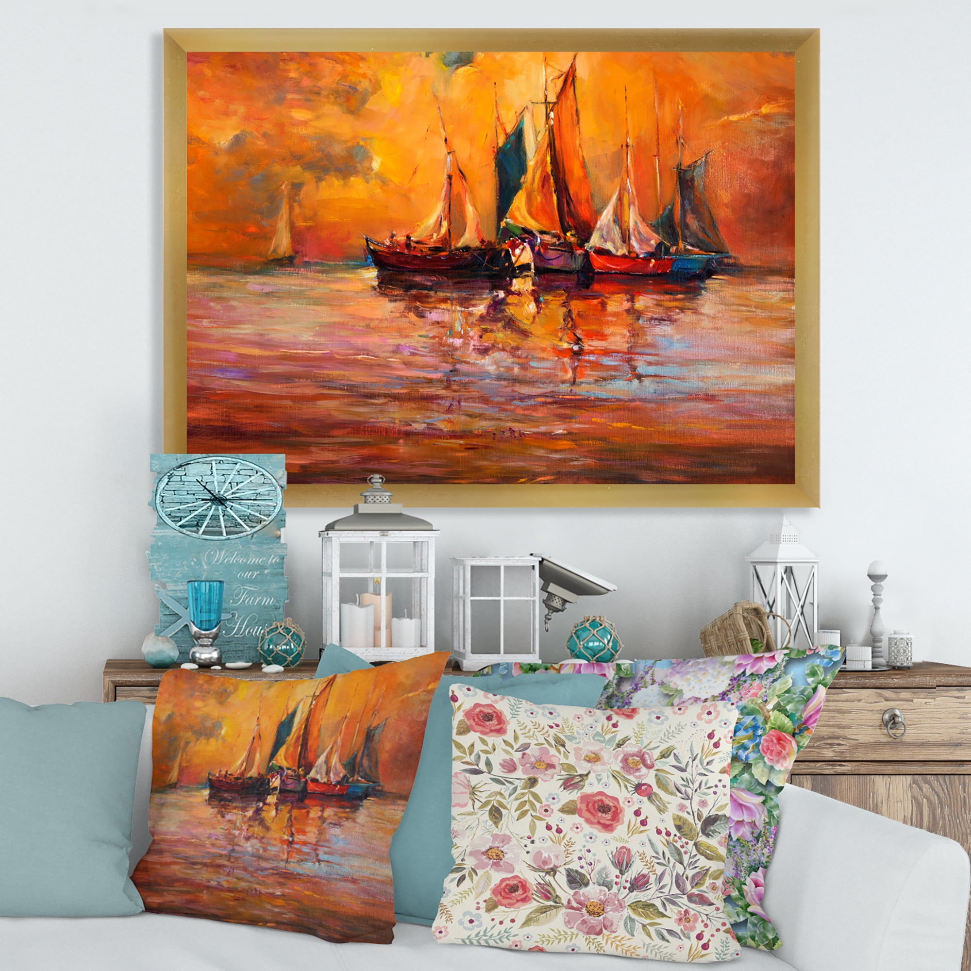 Boats During Evening Sunset In The Ocean I 32 in x 16 in Framed Painting Canvas Art Print, by Designart