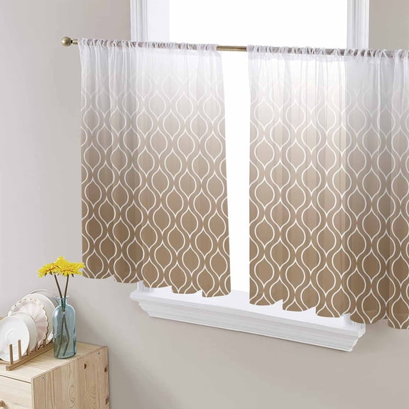 Moroccan Abstract Sheer Curtains 54 Inches Length 2 Panels Set, Window Sheer Curtains for Living Room/Bedroom, Brown Geometric Gradient Lines Light Filtering Rod Pocket Curtain 52'' x 54'' x 2