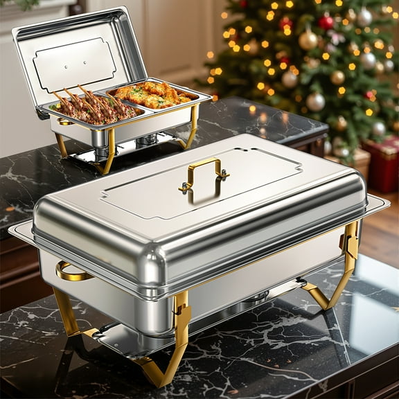 WARMOUNTS Rectangular Gold Chafing Dishes for Buffet with Upgraded Multi-Size Food Pans (9QT, 2Pack), Large Chafing Dish Set w/Foldable Frame for Party, Rolled Rim