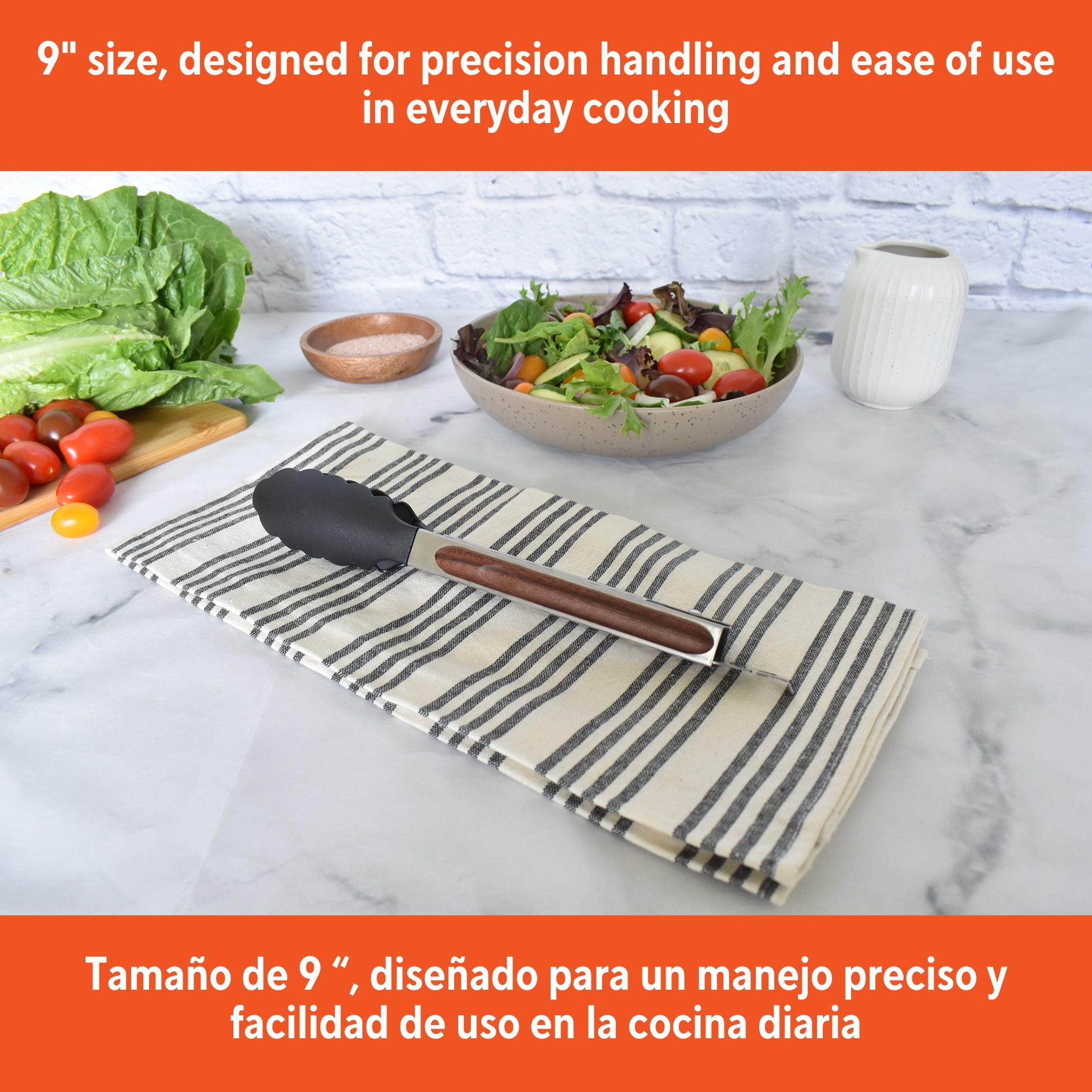 IMUSA 9in Chef WL Stainless Steel Food Tongs with Nylon Tips and Wood Look Grip