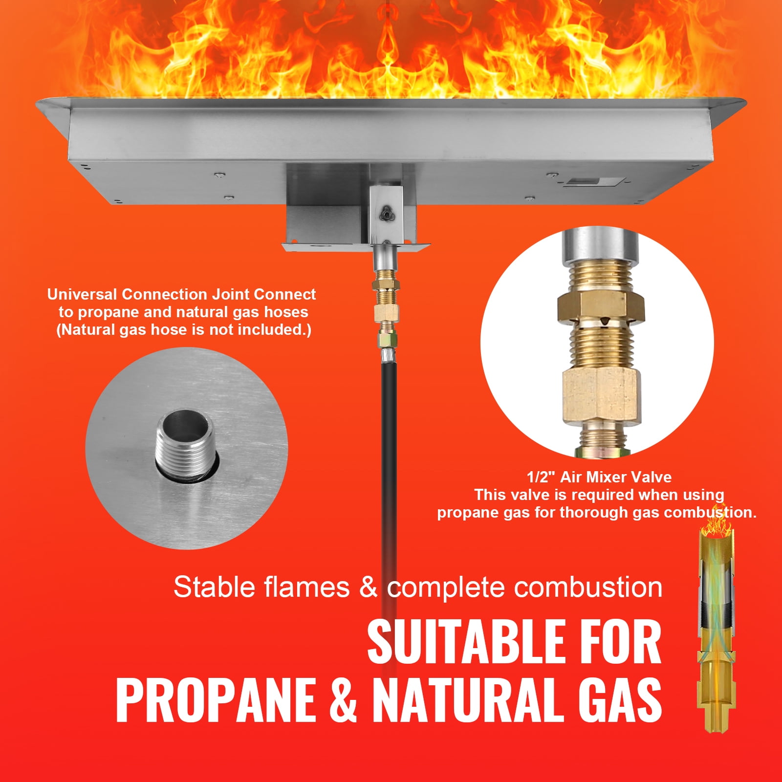 KFFKFF 36 x 12 inch Rectangular Drop-in Fire Pit Pan with Stainless Steel Burner Kit, Compatible with Natural & Propane Gas, 150,000 BTU H-Burner