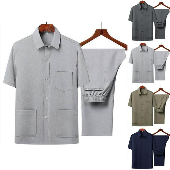 BinBiL Men’s 2-Piece Solid Color Set Short Sleeve Button-Down Shirt with Chest Pocket and Matching Pants Navy XL(XL)