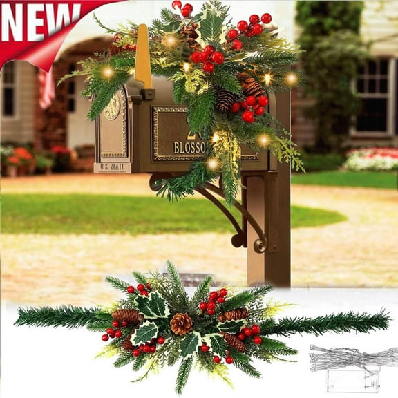 KOYPTL Christmas Mailbox Swag-31.5in,Decoration Artificial Wreath for Wall Statue Front Door Decoration,Christmas Garland Gifts Decor with Pine Red Fruit Ornament for Window Holiday Christmas Hanging
