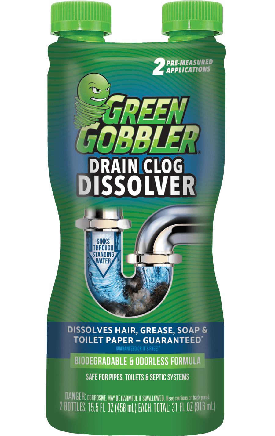 Green Gobbler Drain Clog Remover & Cleaner for Toilets, Sinks, Showers - Odorless Formula, Septic-Safe,  31 oz