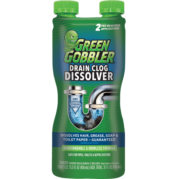 Green Gobbler Liquid Drain Clog Dissolver For Hair, Personal Care Wipes, Soap - Septic-Safe, Biodegradable - 31 oz