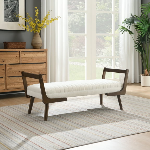 Lisonu 52-inch Mid-Century Modern Bench, Channeled Upholstered Chenille Bench, Solid Rubber Wood Legs, Entryway or End of Bed Stool, Beige