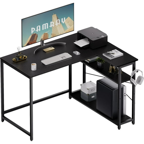 43 Inch L Shaped Computer Desk with Reversible Side Storage Shelves, Small Corner Desk for Small Space Home Office,Writing Study Table Gaming PC Desk for Bedroom,Black