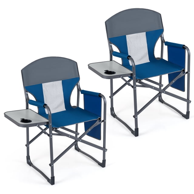 Gymax 2 Pcs Camping Chair Oversized Padded Portable Directors Chair w/ Side Table Navy & Gray