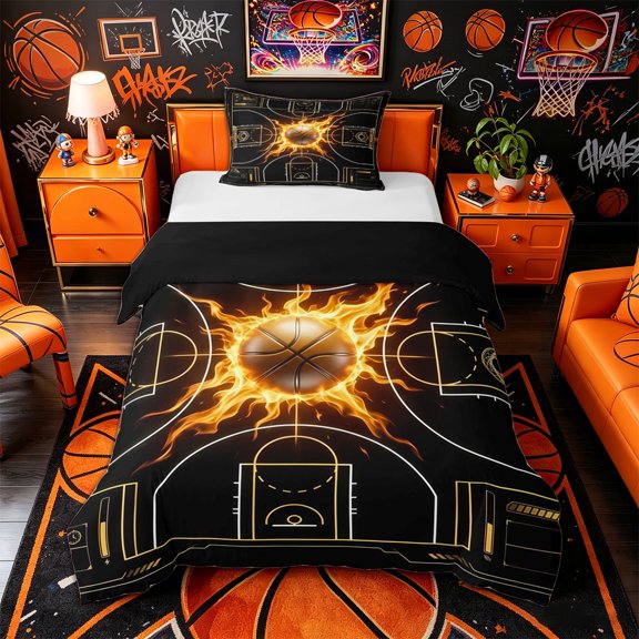 Castle Fairy Basketball Court Print Twin Duvet Cover, Sport Ball Flame Twin Bedding, Black Gold Orange,Black Reversible,2pcs,1 Duvet Cover and 1 Pillowcase