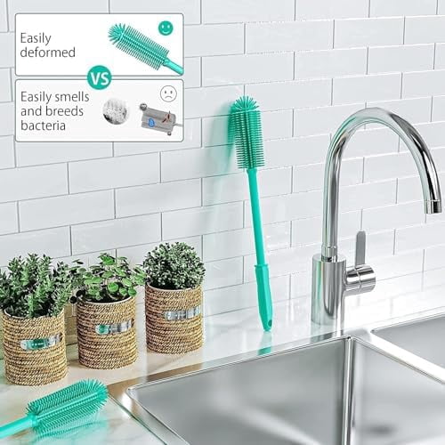 Long Silicone Bottle Cleaning Brush | 2 Pack| 16”+13”Water Bottle Brush Cleaner Brush for Hydro Flask,Glassware,Vacuum Sports Bottle&Vases,Silicone Water Bottle Cleaner Brush for Narrow Neck