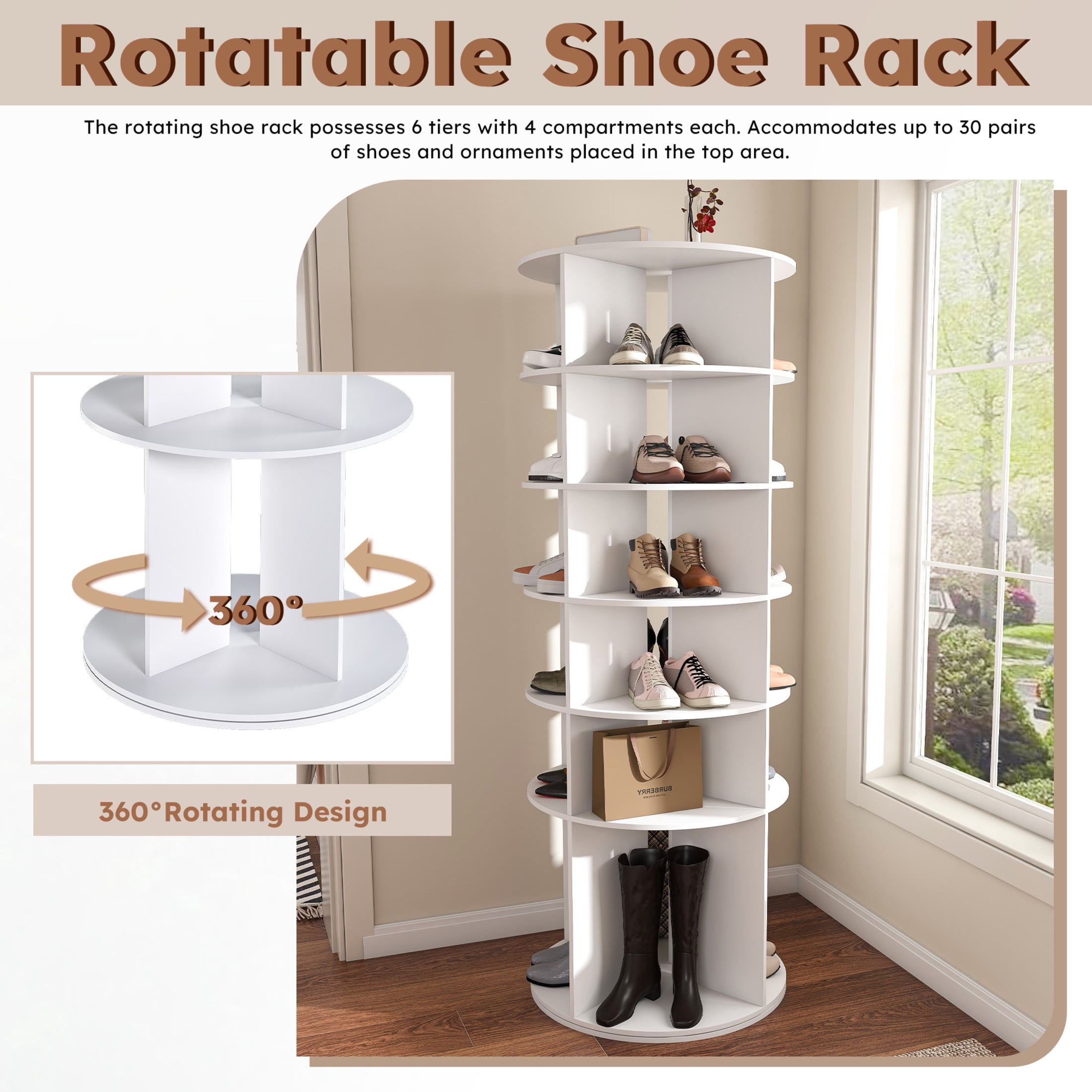 Noble House 6-Tier Rotating Shoe Rack Tower, 360° Freestanding Shoe Organizer, White