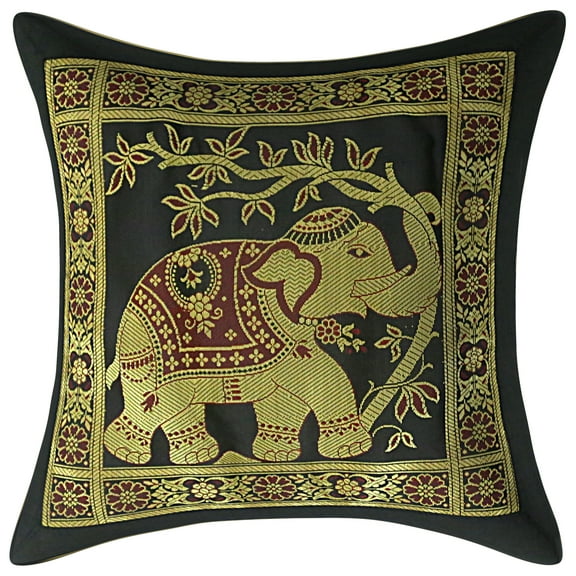 Stylo Culture Ethnic Couch Brocade Black And Gold Throw Pillow Covers 12x12 Jacquard Weave Banarsi Sofa Linen Pillow Covers Elephant Floral 30x30 cm Cushion Covers (1 Pc)