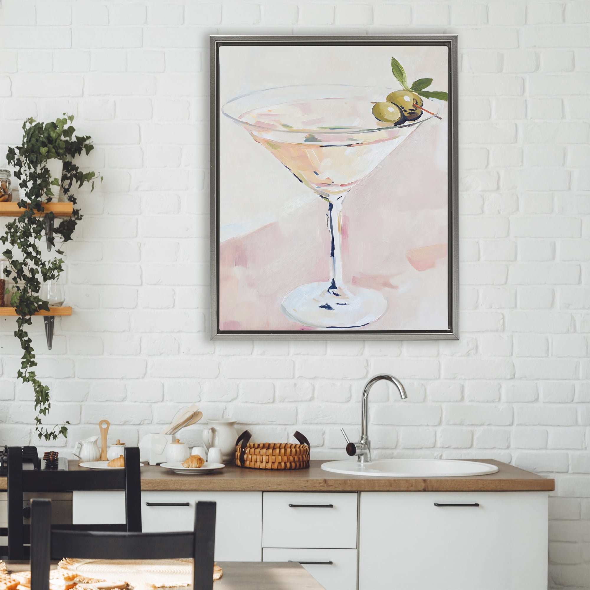 Stupell Industries Pastel Martini with Olive Garnish Gray Framed Floater Canvas Wall Art, design by The Prints Vibe