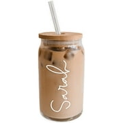 SHEN Personalized Iced Coffee Glass with Bamboo Lid & Plastic Straw, 16 oz Can Shaped Coffee Cup