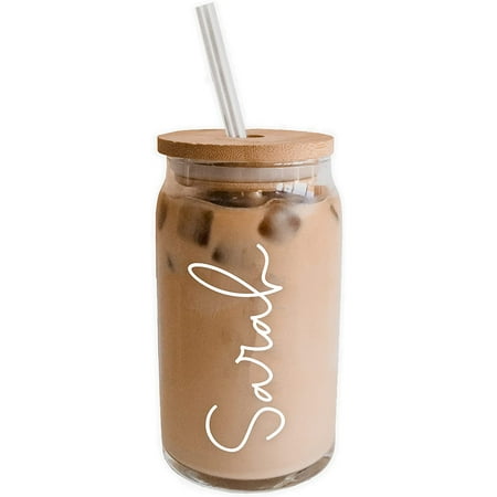 SHEN Personalized Iced Coffee Glass with Bamboo Lid & Plastic Straw, 16 oz Can Shaped Coffee Cup