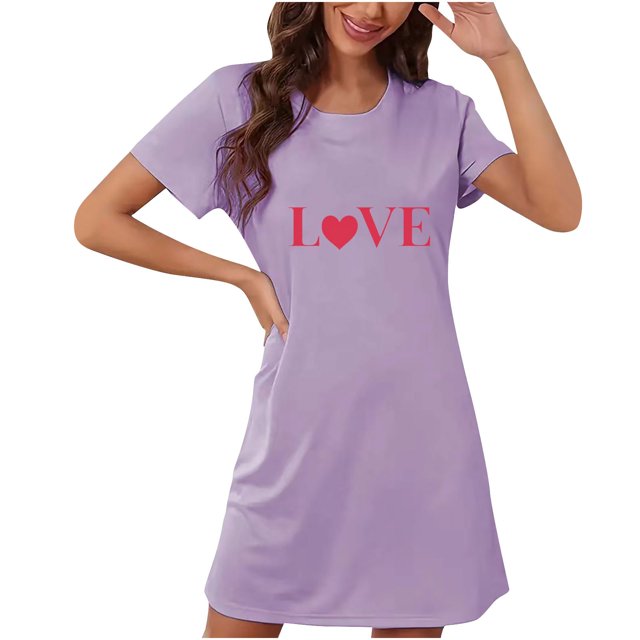 Amzcrzy Pyjamas pour Femmes Cadeaux de la Saint-Valentin pour Femmes Robe de Nuit Décontractée à Manches Courtes et Col Rond Mode avec Cœur Graphique