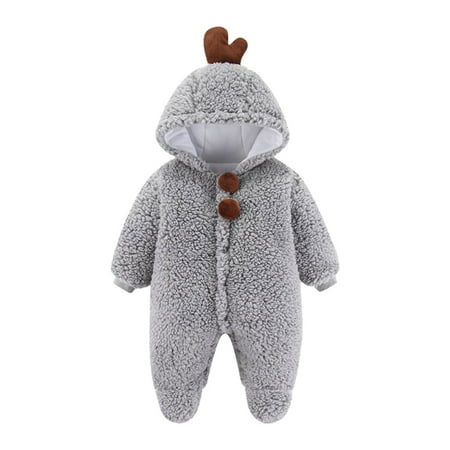 

WREESH Newborn Baby Girls Boys Jumpsuit Long Sleeve Romper Winter Solid Color Fleece Footie Snowsuit Warm Hooded Romper Jumpsuit Outfits For Gray