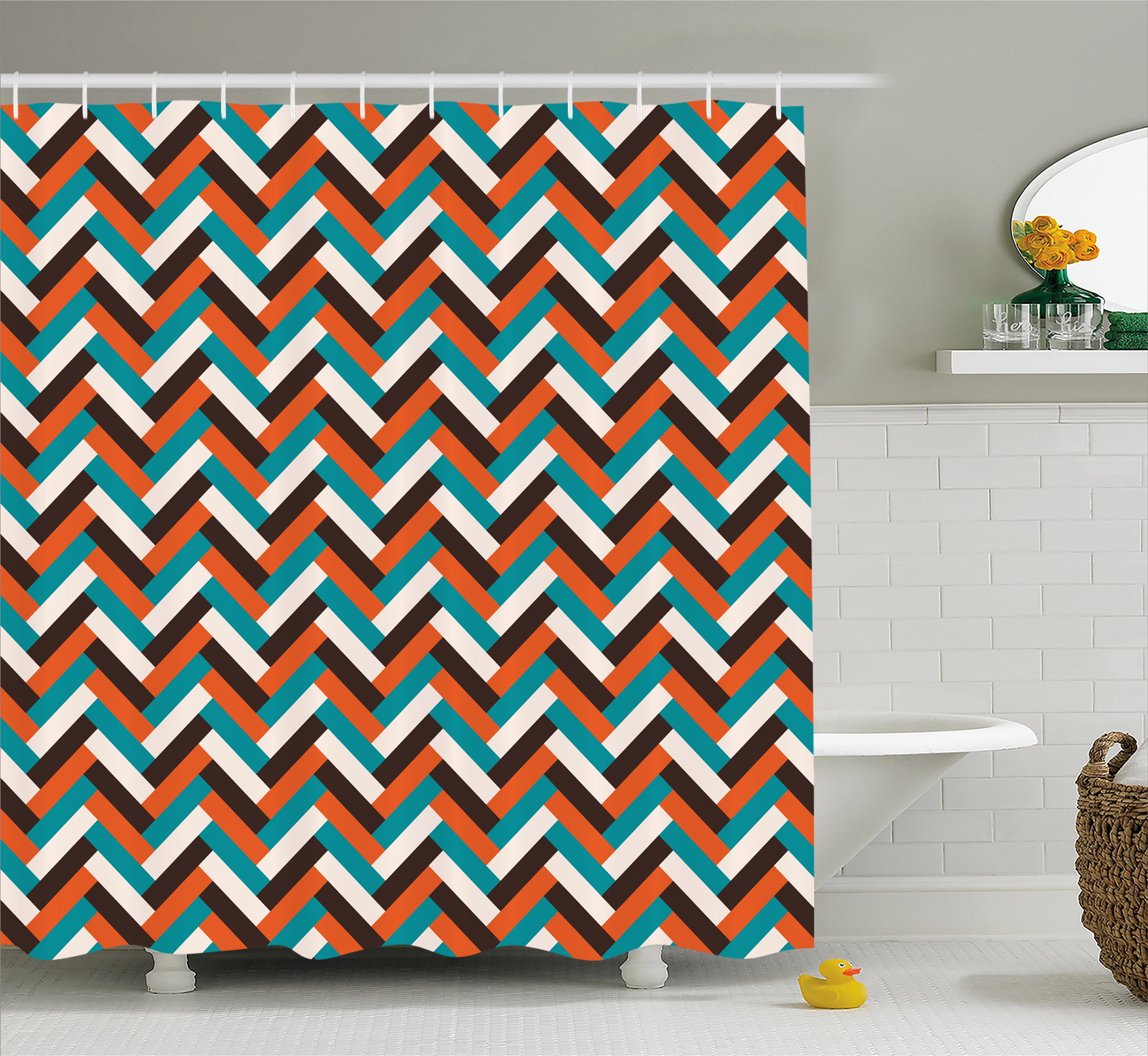 Mid Century Shower Curtain, Herringbone Pattern in Retro Colors Simple