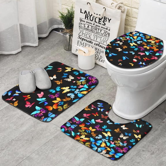 Black Blue Yellow Butterfly Pattern Bathroom Rugs Sets 3 Piece,Toilet Cover Set,Absorbent Non Slip Bathroom Mats Sets with U-Shaped Contour Rug Toilet Rug Set