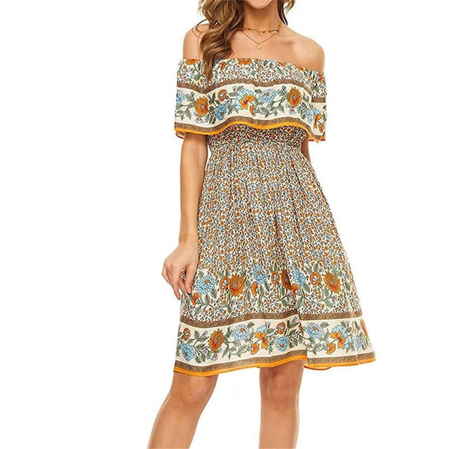Vestido Corto Bohemio Minnieouse Impreso Cintura Alta Cómodo Algodón Mini Sundress Fiesta De Baile Caqui L