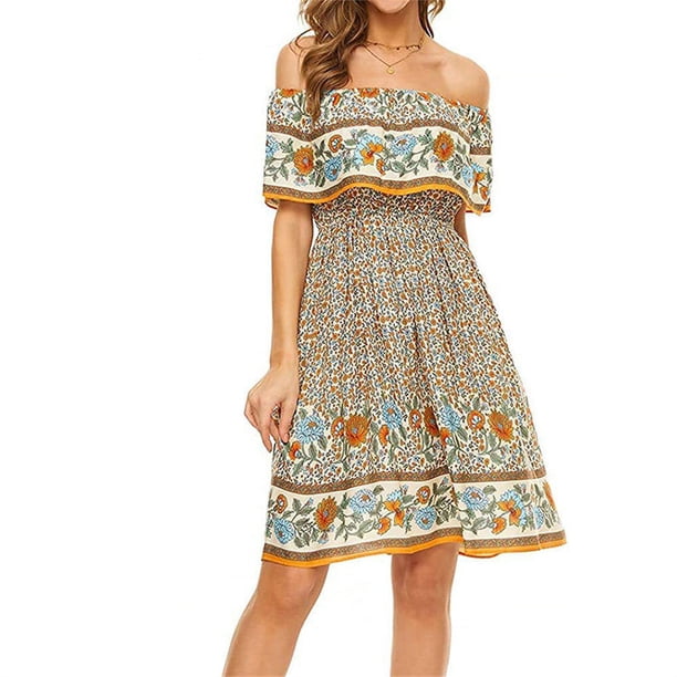 Vestido Corto Bohemio Minnieouse Impreso Cintura Alta Cómodo Algodón Mini Sundress Fiesta De Baile Caqui L