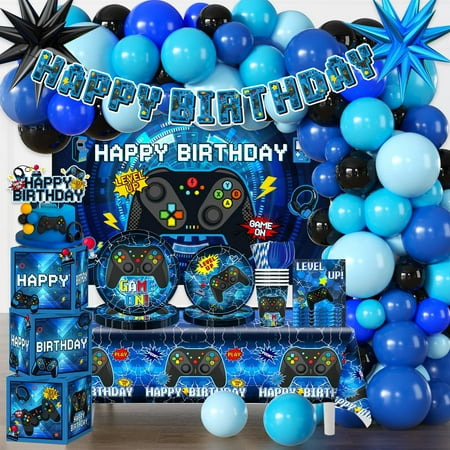 Gamer Birthday Party Decorations for Boys, All-in-One Set Blue Video Game Birthday Decorations, Video Game Balloon Arch Tableware Cake Topper Balloon Box Backdrop Tablecloth, Serves 20
