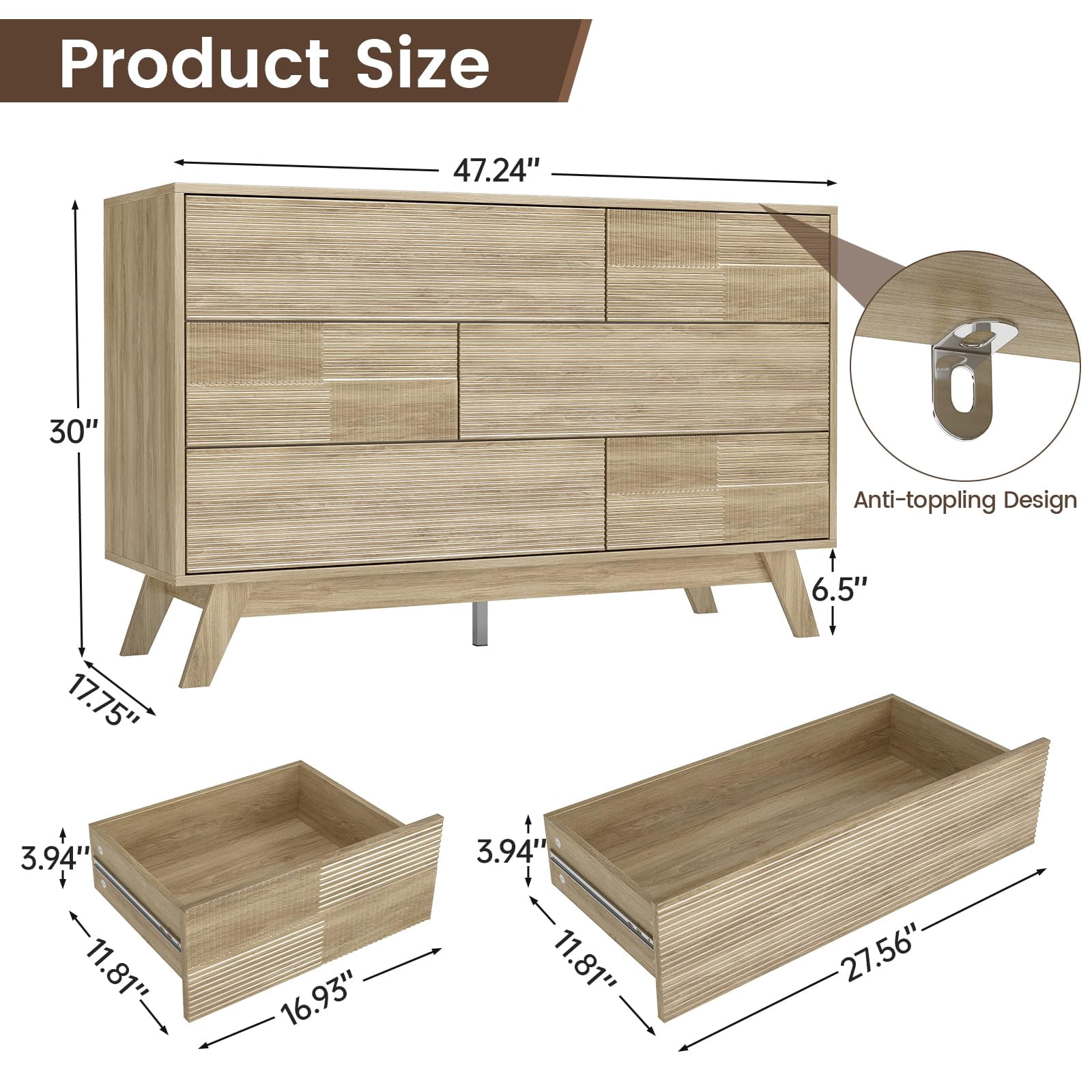 Danpinera Home 6-Drawer Dresser for Bedroom, 47” Modern Handleless Chest of Drawers, Fluted Wooden Storage Cabinet & TV Stand for Closet, Hallway, or Living Room, Natural Oak