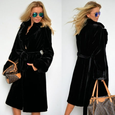 Suit Collar Thick Long Plush Coat (S, Black)