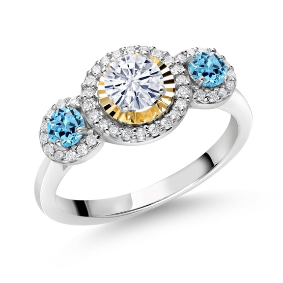 Gem Stone King 925 Silver and 10K Yellow Gold Swiss Blue Topaz Lab Grown Diamond 3 Stone Women Engagement Ring Set with Moissanite (0.84 Cttw, Size 9)